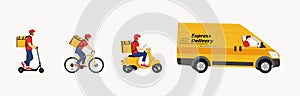 Online delivery service concept, online order tracking, home and office delivery. Vector illustration of couriers on a