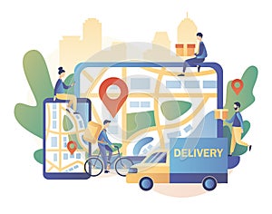 Online delivery service concept. Order tracking. Courier on bike and delivery van. Tiny people are couriers and