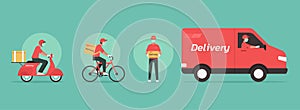 Online delivery service concept with van, motorcycle and bicycle courier and delivery man