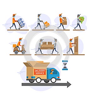 Online delivery service concept . Warehouse, truck, drone,online order tracking, scooter and bicycle courier, delivery