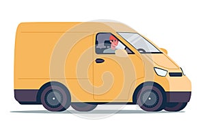 Online delivery service concept, yellow cargo van. Courier on the truck. Vector illustration in a flat style on a white