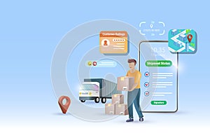 Online delivery service with excellent customer rating and review. Delivery man holding carton shipments with smart tracking