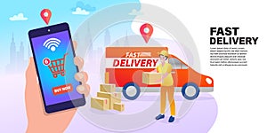 Online Delivery Service flat design banner. digital marketing concept. creative website template, Vector illustration.