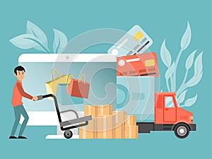 Online delivery service, male character loader carry cart box isolated on blue, flat vector illustration. Fast mail photo