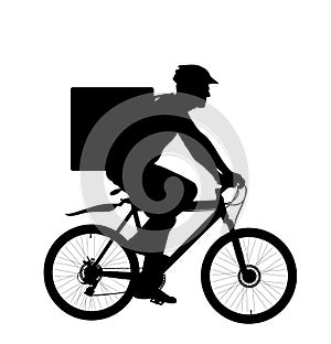 Online delivery service, man riding bicycle vector silhouette isolated on white background. Courier with food backpack.