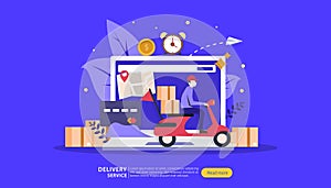 Online Delivery service. order express tracking concept with tiny character and cargo box truck. template for web landing page,