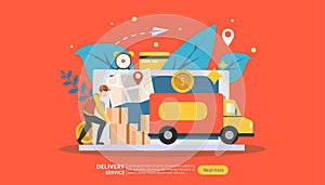 Online Delivery service. order express tracking concept with tiny character and cargo box truck. template for web landing page,