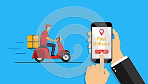 Online delivery service in phone app. Order and fast delivery of food to home on motorcycle. Man on scooter shipping goods. A hand