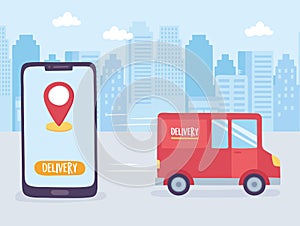 Online delivery service, smartphone navigation pointer truck city, fast and free transport, order shipping, app website