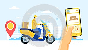 Online delivery service, tracking order app, courier delivering package. Delivery man riding scooter, food ordering
