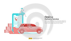 Online delivery service transportation illustration concept with warehouse parcel packages and map pin. order tracking, car,