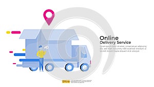 Online delivery service transportation illustration concept with warehouse parcel packages and map pin. order tracking, car,