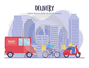 Online delivery service, truck man worker in bike and scooter city, fast and free transport, order shipping