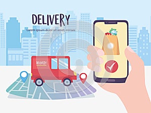 Online delivery service, truck on navigation map smartphone order, coronavirus covid 19