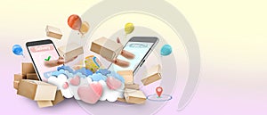 Online delivery services and Hand Giving Package concept on mobile phone and package shipping Online order tracking