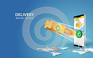 Online delivery smartphone concept idea.Fast respond delivery package shipping on mobile.Online order tracking with world map