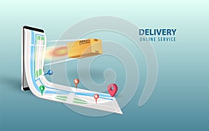 Online delivery smartphone concept idea.Fast respond delivery package shipping on mobile.Online order tracking with world map