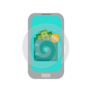 Online deposits. Mobile banking. Flat illustration of mobile phone with strongbox, with money and percents.