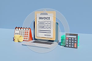 Online digital invoice concept with clipboard money and calendar schedule . 3d illustration rendering