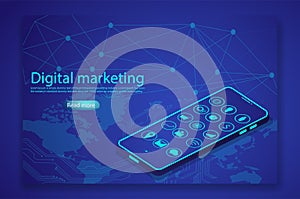 Online and digital marketing business and financial landing page concept. Isometric 3d of smart phone with icon isolated on futuri