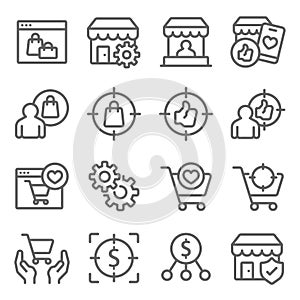 Online digital marketing icons set vector illustration. Contains such icon as Strategy, Shopping online, e-commerce, Target group