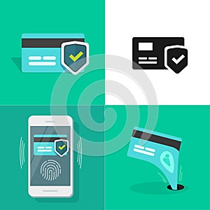 Online digital money security set via credit bank card payment protection vector flat cartoon icons and pictograms, cell