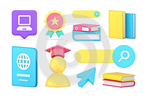 Online distance education e learning course lesson graduation book reading set 3d icon vector