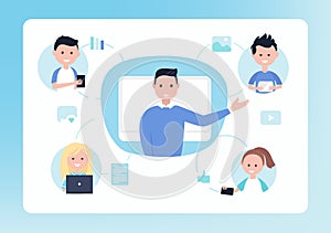 Online Distance School. Teacher and Students. Blended and Flipped Learning Education Concept Vector Illustration photo