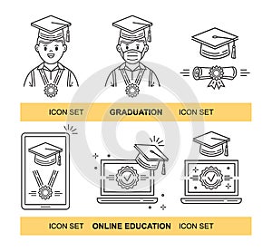 Online distant education, graduation student line icon set. Educate internet course. Home e-learning. Video lesson. Vector