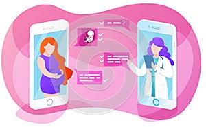 Online doctor app interface, pregnant woman consulting with therapist, using chat, medical consultation, vector