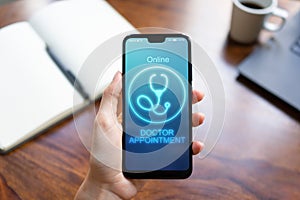 Online Doctor appointment on mobile phone screen. Medical and health care concept.