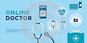 Online doctor banner with medical objects