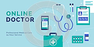 Online doctor banner with medical objects