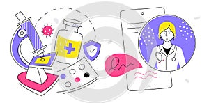 Online doctor - colorful line design style illustration set