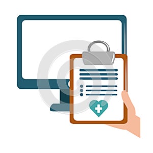 Online doctor computer clipboard report medical care flat style icon