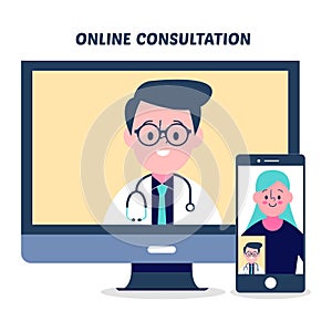 Online doctor concept with doctor in computer and smartphone