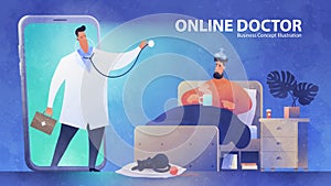 Online Doctor concept illustration with a video call of a patient to see a doctor via smartphone during nighttime