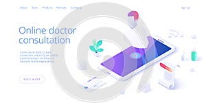 Online doctor consultation call or visit concept in isometric vector design. Using internet on smartphone for medical video chat.