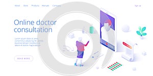 Online doctor consultation call or visit concept in isometric vector design. Woman using internet on smartphone for medical video