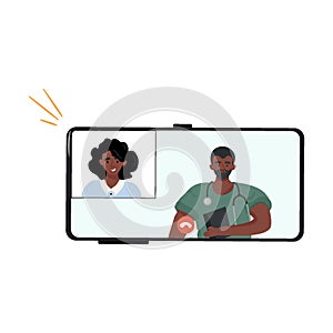 Online doctor consultation. Modern medical services. A black woman talks about her illness to a male doctor in a video.