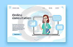 Online doctor consultation. Patient health consultation, online medical help and doctors meeting landing page vector