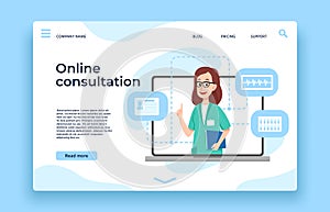 Online doctor consultation. Patient health consultation, online medical help and doctors meeting landing page vector illustration