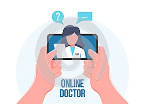 Online doctor consultation by smartphone. Vector illustration.