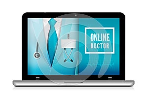 Online doctor consultation technology in laptop. Medical doctor in suit with stethoscope close up. Vector illustration