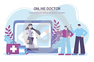 Online doctor, couple with smartphone and female doctor in laptop, medical advice or consultation service