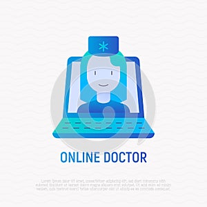 Online doctor gradient flat icon: doctor on screen of laptop. Modern vector illustration of online medical consultant