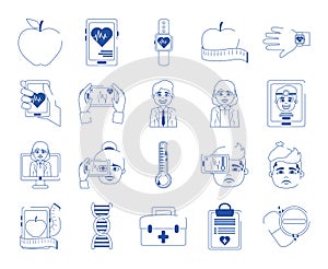 Online doctor health medicine care blue line style icons set