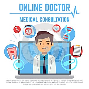 Online doctor, internet computer health service, medical consultation vector concept