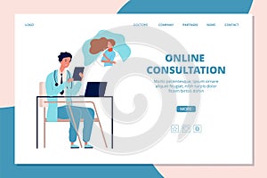 Online doctor landing page. Internet treatment, medicine help vector web banner