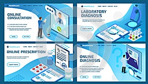 Online doctor landing page. Isometric health care. Hospital consultation. Healthcare and laboratory diagnostic. Pharmacy